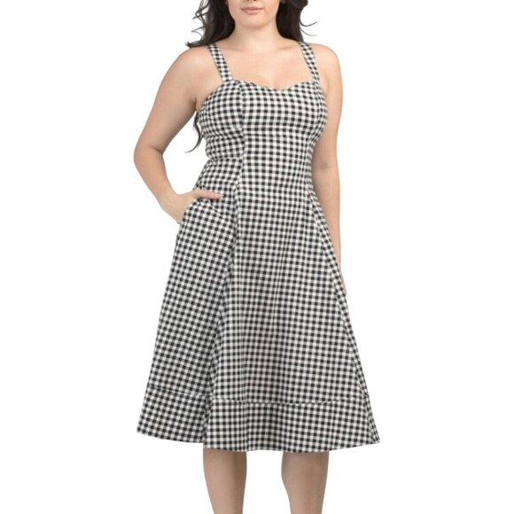 Avec Les Filles NWT Black White Gingham Fit And Flare Midi Dress Pockets Size 12 - Picture 5 of 10